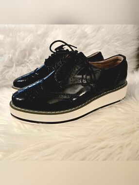 👞 Dadawen Black Patent Platform Brogue Oxford Lace-Up Shoes EU 39 / US 8